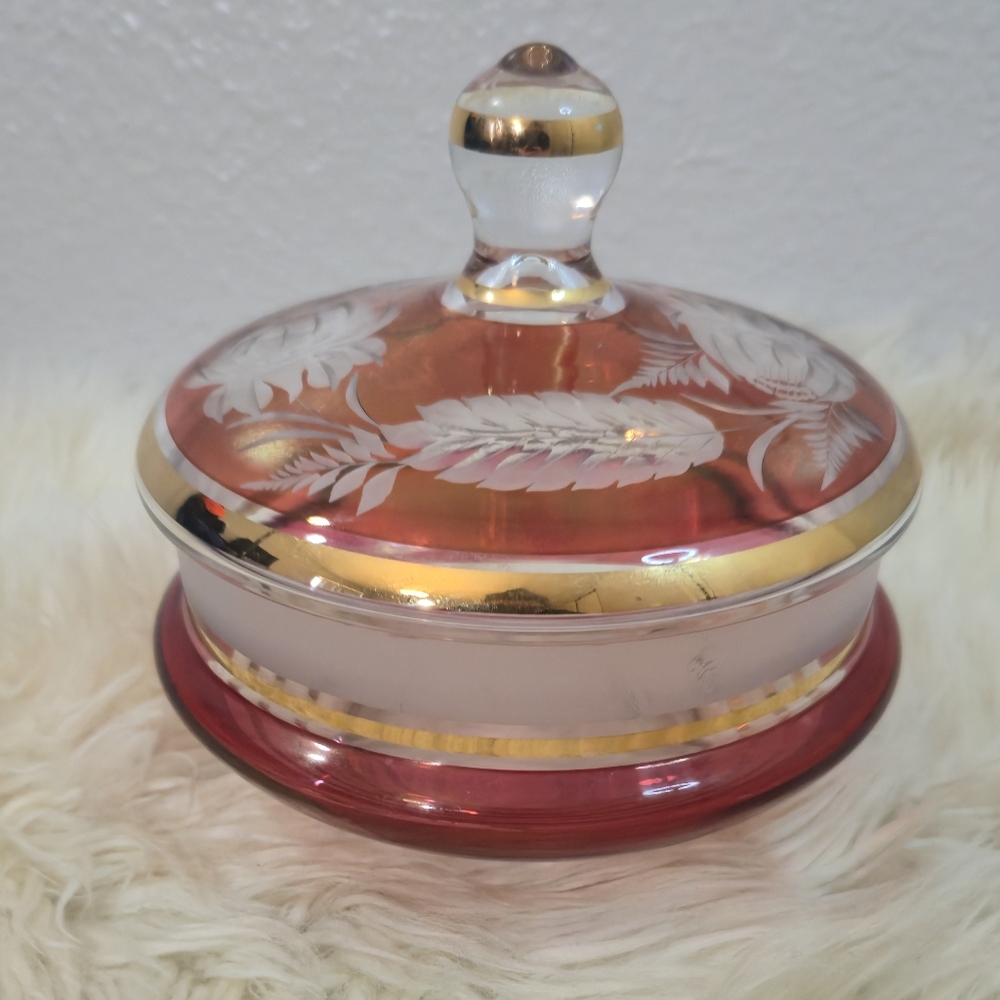 Vintage Clear To Ruby Red Flashed GLass Covered Candy DIsh